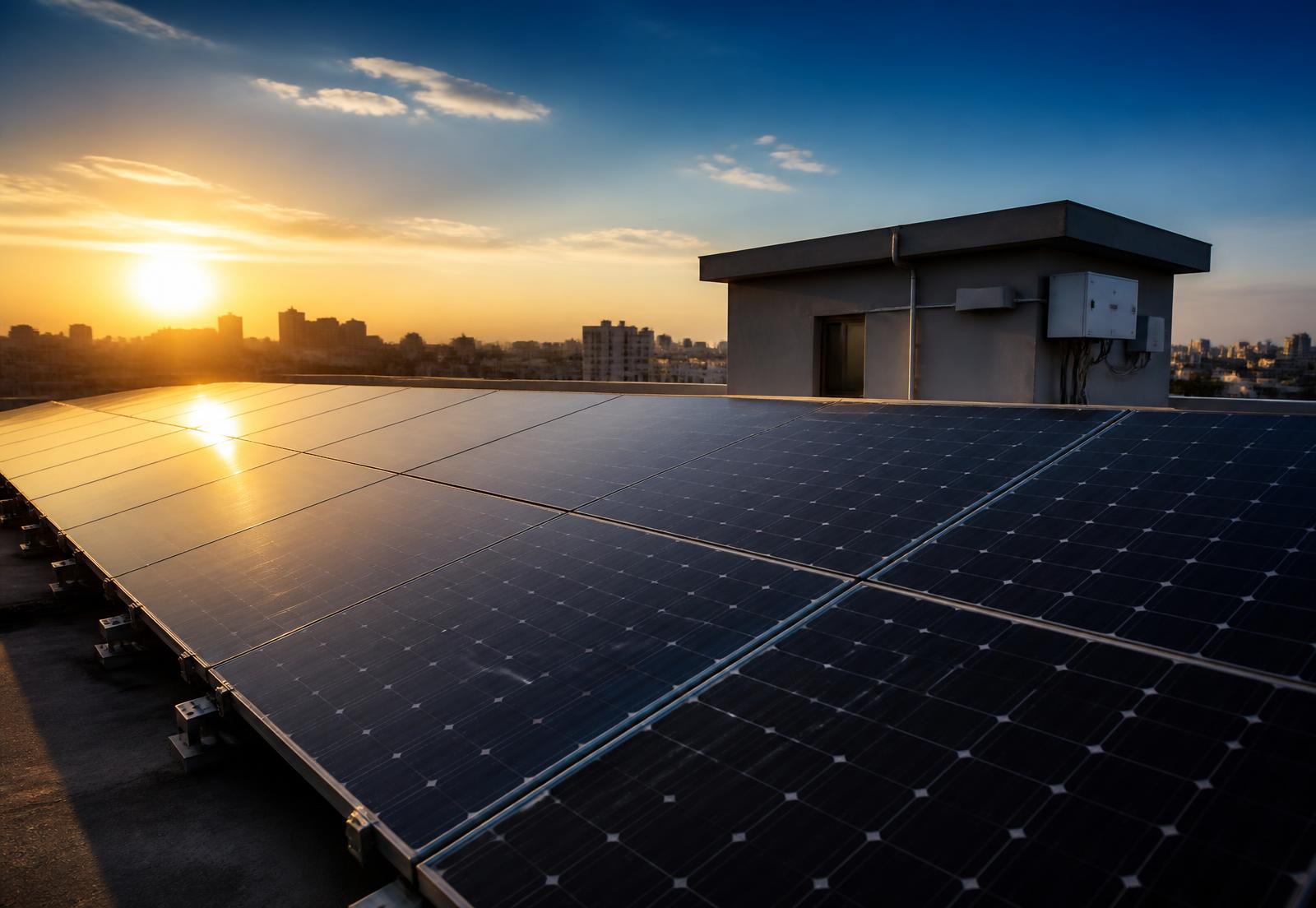 Rooftop solar panel array in India at golden hour